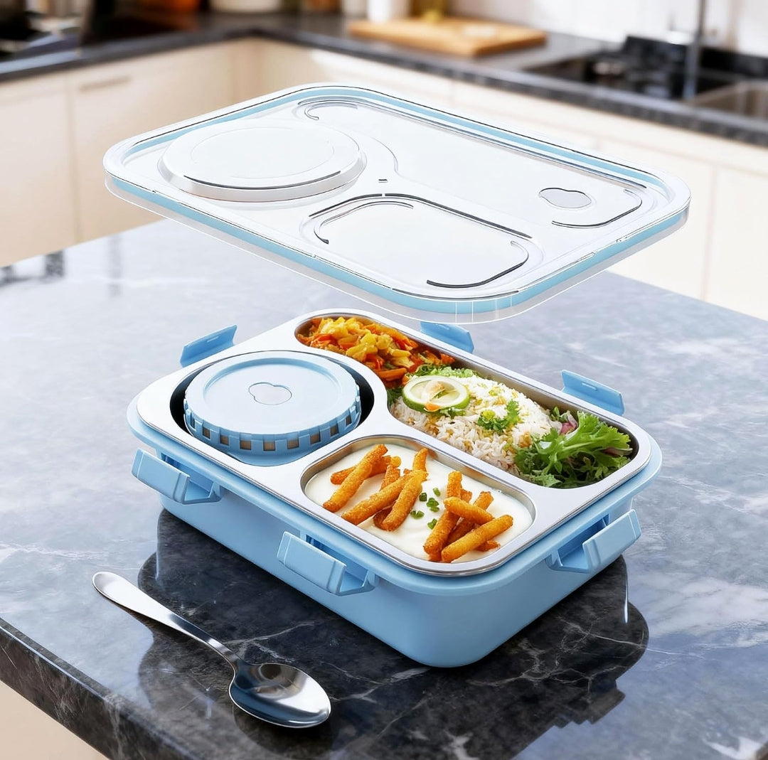 Stainless Steel Bento Lunch Box – Leakproof 3 Compartment Tiffin Box for Kids & Adults
