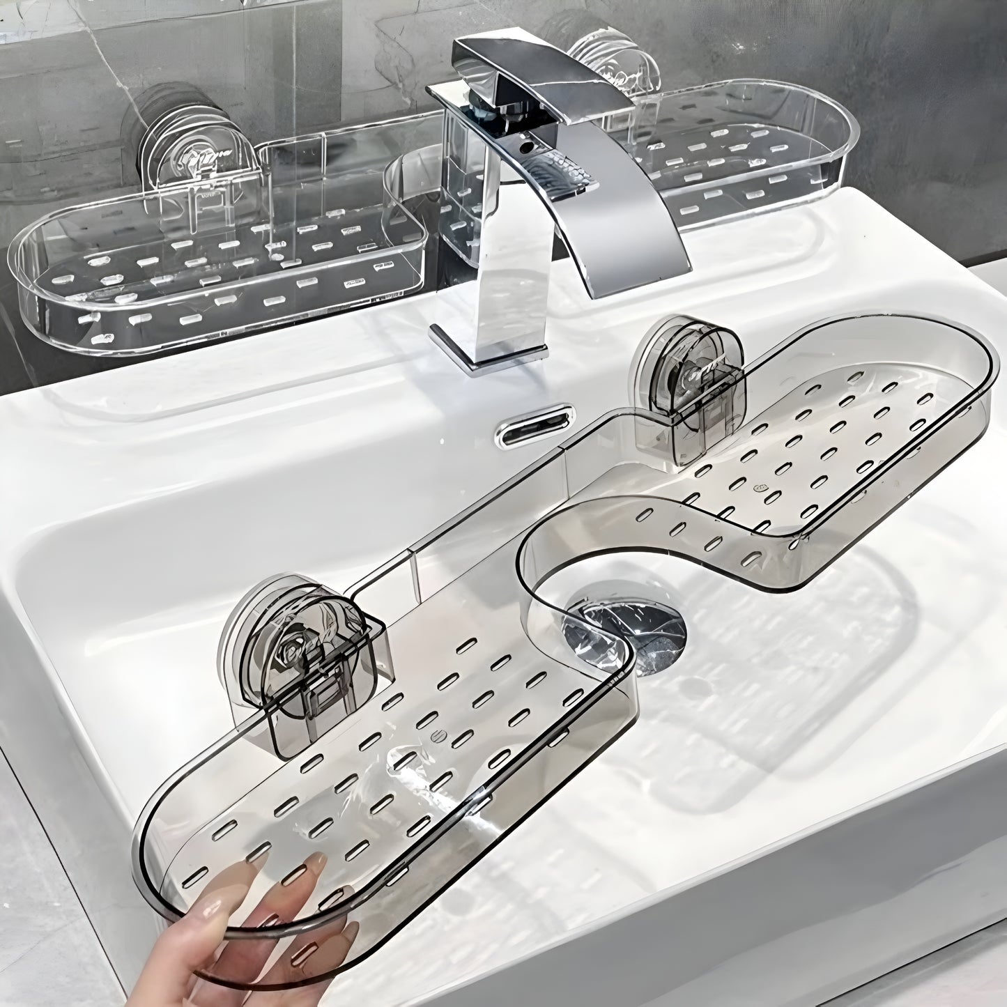 Bathroom Sink Shelf Organizer with Suction Cup – No Drill Wall Mounted Faucet Storage Rack for Countertop, Shower & Vanity | Clear Transparent Caddy with Drainage