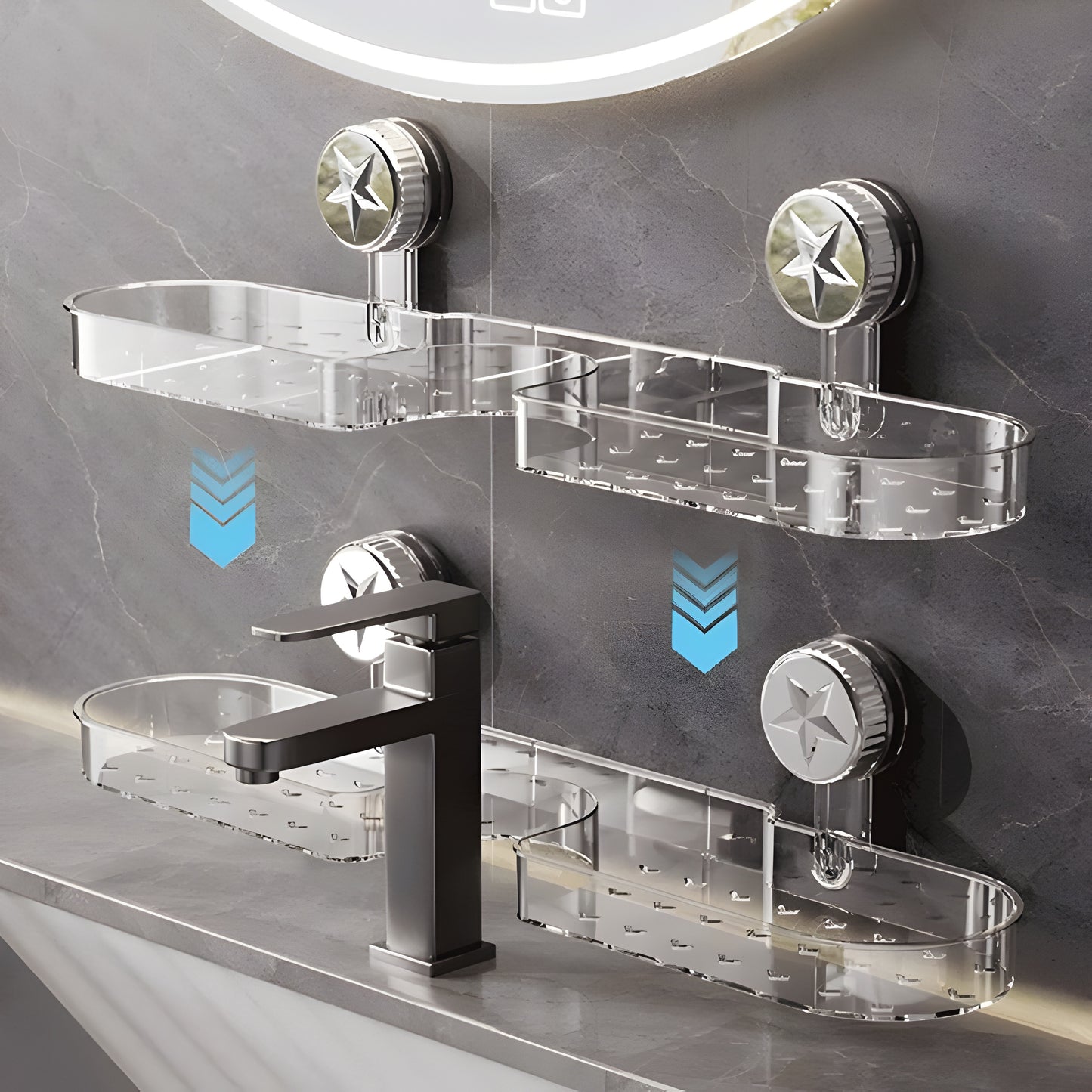 Bathroom Sink Shelf Organizer with Suction Cup – No Drill Wall Mounted Faucet Storage Rack for Countertop, Shower & Vanity | Clear Transparent Caddy with Drainage