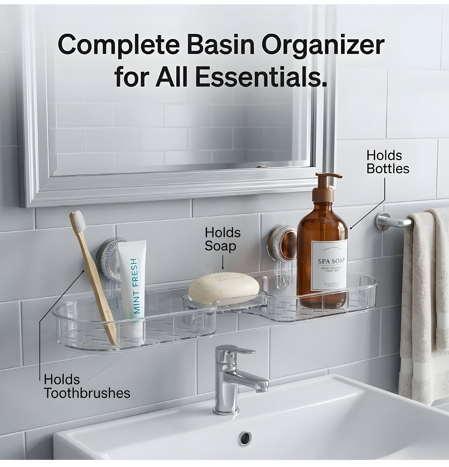 Bathroom Sink Shelf Organizer with Suction Cup – No Drill Wall Mounted Faucet Storage Rack for Countertop, Shower & Vanity | Clear Transparent Caddy with Drainage