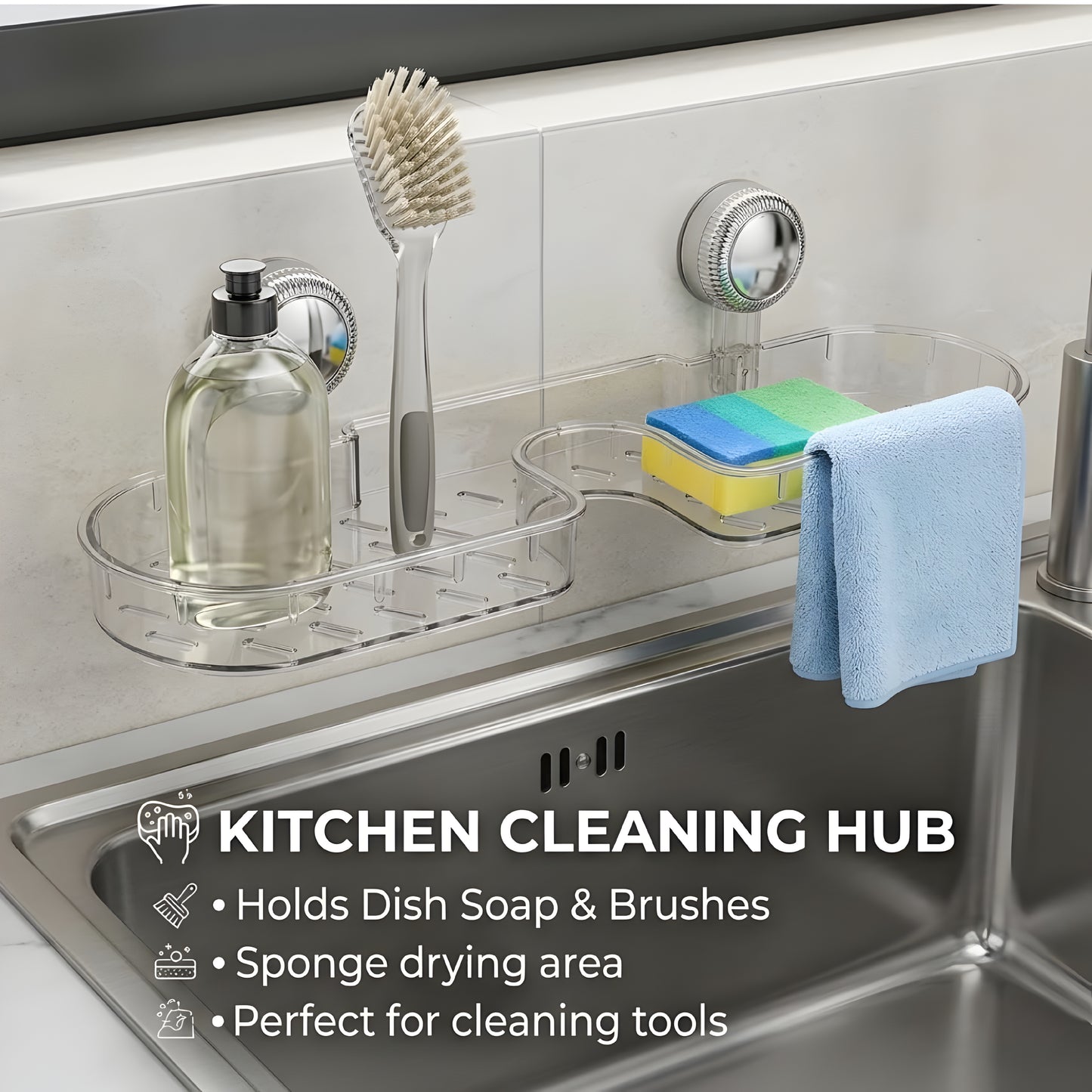 Bathroom Sink Shelf Organizer with Suction Cup – No Drill Wall Mounted Faucet Storage Rack for Countertop, Shower & Vanity | Clear Transparent Caddy with Drainage