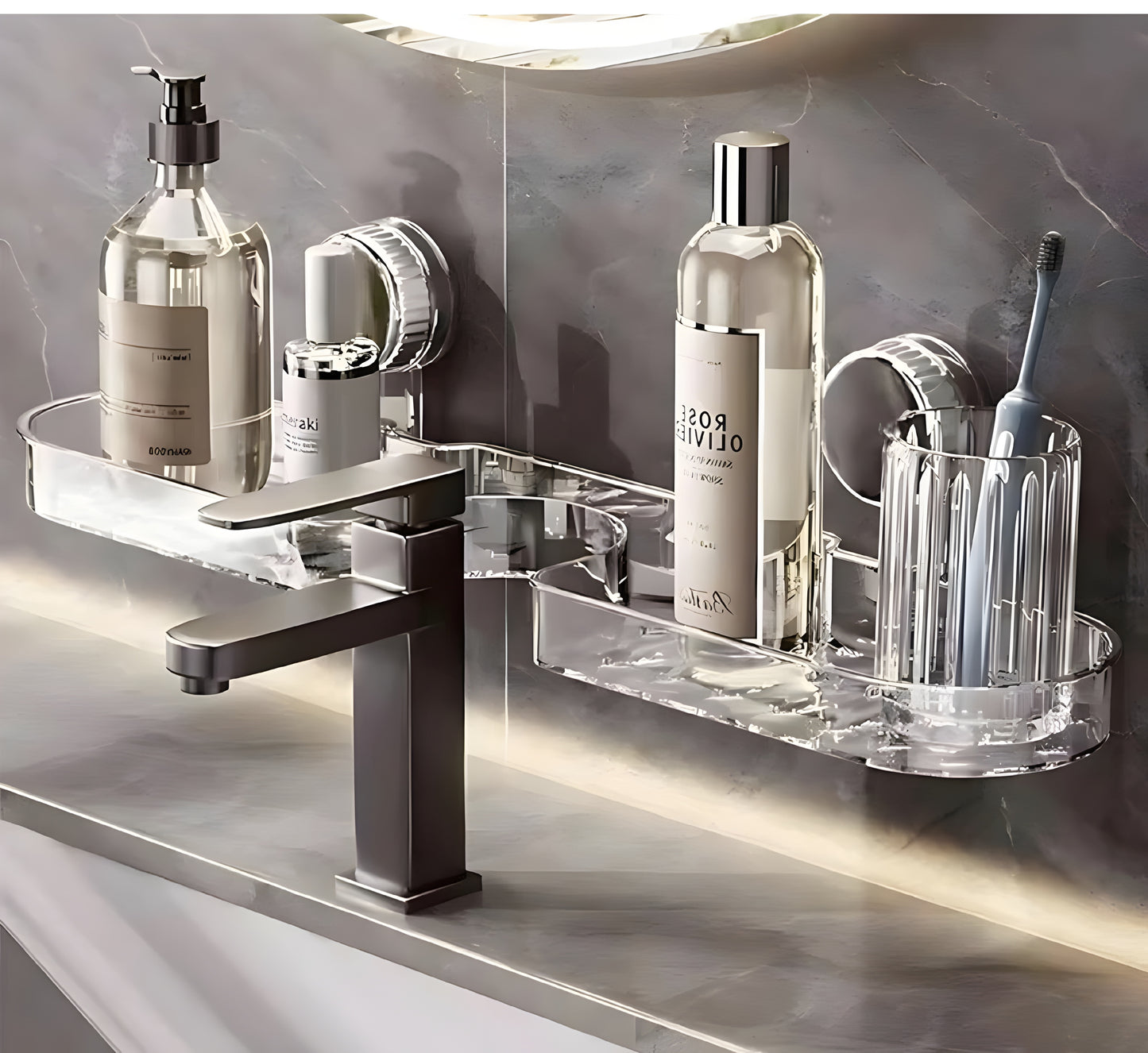 Bathroom Sink Shelf Organizer with Suction Cup – No Drill Wall Mounted Faucet Storage Rack for Countertop, Shower & Vanity | Clear Transparent Caddy with Drainage