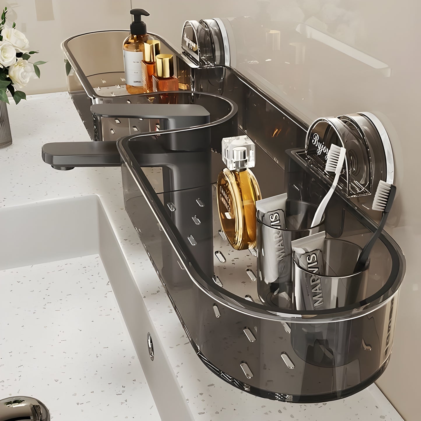 Bathroom Sink Shelf Organizer with Suction Cup – No Drill Wall Mounted Faucet Storage Rack for Countertop, Shower & Vanity | Clear Transparent Caddy with Drainage