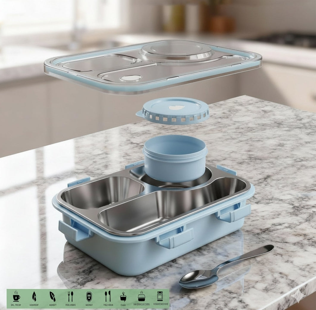Stainless Steel Bento Lunch Box – Leakproof 3 Compartment Tiffin Box for Kids & Adults