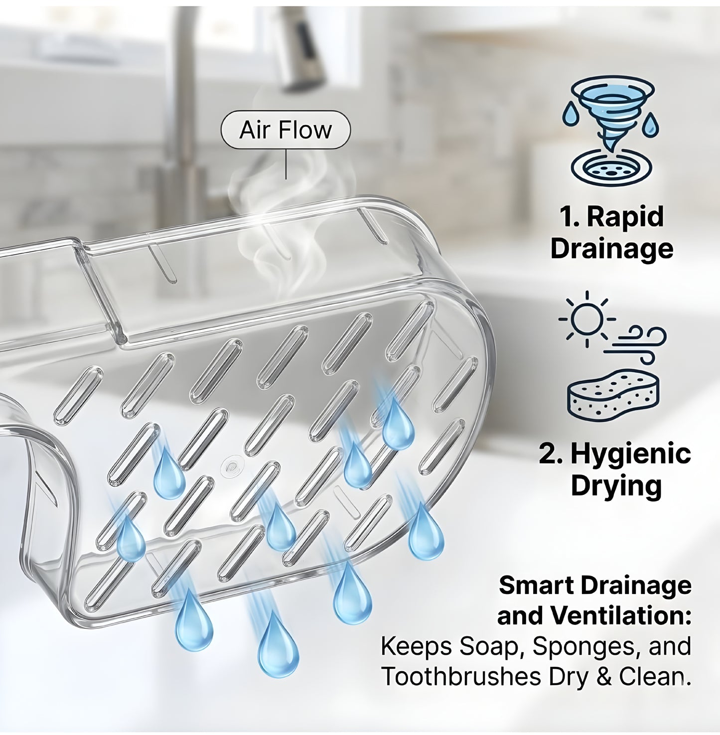 Bathroom Sink Shelf Organizer with Suction Cup – No Drill Wall Mounted Faucet Storage Rack for Countertop, Shower & Vanity | Clear Transparent Caddy with Drainage